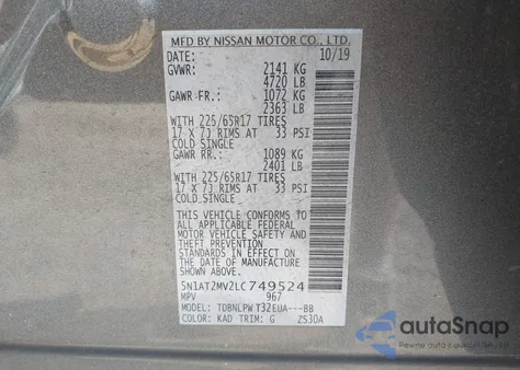 2020 Nissan Rogue S Intelligent Awd из США, поврежденный, VIN 5N1AT2MV2LC749524